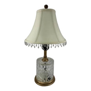 Vintage Cut Crystal and Brass Table Lamp With Beaded Bell Shade For Sale