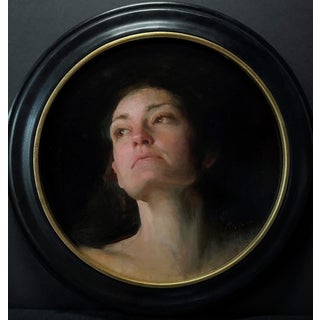Lingering by Karen Offutt | Oil Painting of a woman with a contemplative expression For Sale
