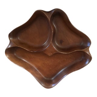 Vintage Hand-Carved Wooden Tri-Section Snack Tray For Sale