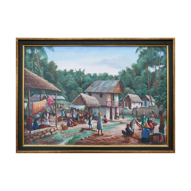 Late 20th Century Jean-Felix Defournoy Modern Realist Green and Blue-Toned Rural Village Market Landscape Painting, Late 20th Century For Sale - Image 5 of 12