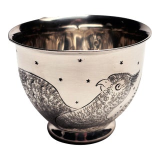 Late 1880's Sterling Plate Tea Cup With Inscribed Stars and Bird by West Silver Co. For Sale