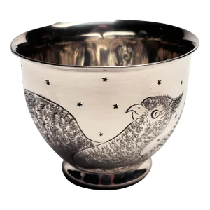 Late 1880's Sterling Plate Tea Cup With Inscribed Stars and Bird by West Silver Co.