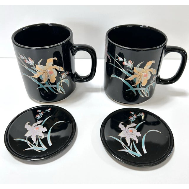 1980s Iris Flower Black Coffee/Tea Mugs & Lids - Set of 2 For Sale - Image 4 of 11