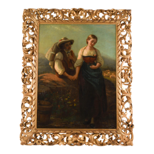 Antique Framed German Couple Oil on Canvas in the Style of Friedrich Prölss