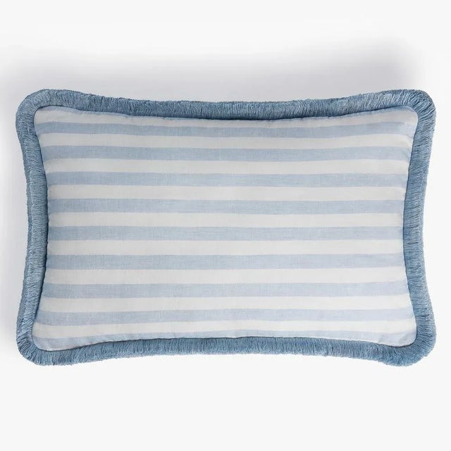 White with Light Blue Fringes Happy Linen Pillow by LO DECOR for Lorenza Briola For Sale - Image 3 of 5