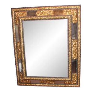 Large Antique Dutch Ebony and Brass Repousse Wall Mirror 17th Century