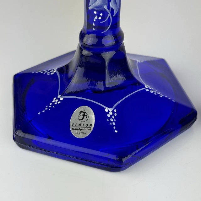 1970s Vintage Fenton Glass Cobalt Blue White Hand Painted Flowers Candle Sticks Signed-Set of 2 For Sale - Image 5 of 6