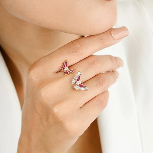 Not Yet Made - Made To Order Ruby & Diamond Twin Butterfly Open Cuff Ring Size 5.5 For Sale - Image 5 of 12