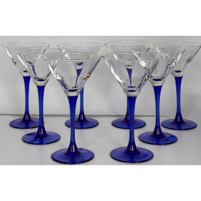 Glass Vintage Set of 8 French Cobalt Blue Arcoroc France Martini or Champange Glasses For Sale - Image 7 of 10