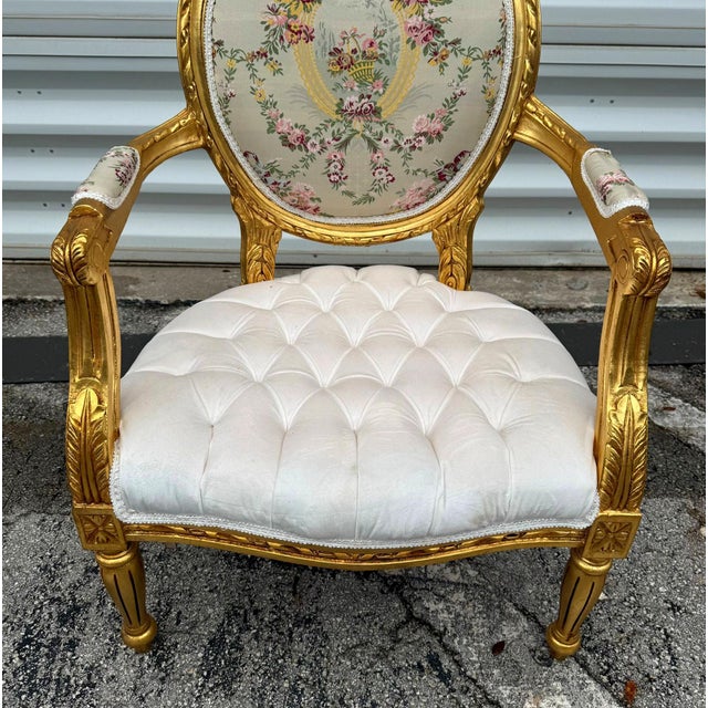 Textile White Velvet Chair Tufted With Gold Leaf Details French Style For Sale - Image 7 of 9