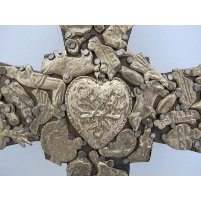 Mexican Mexican Folk Art Milagros Wood Cross Nailed Metal Brass Charm Wall Hanging For Sale - Image 3 of 9