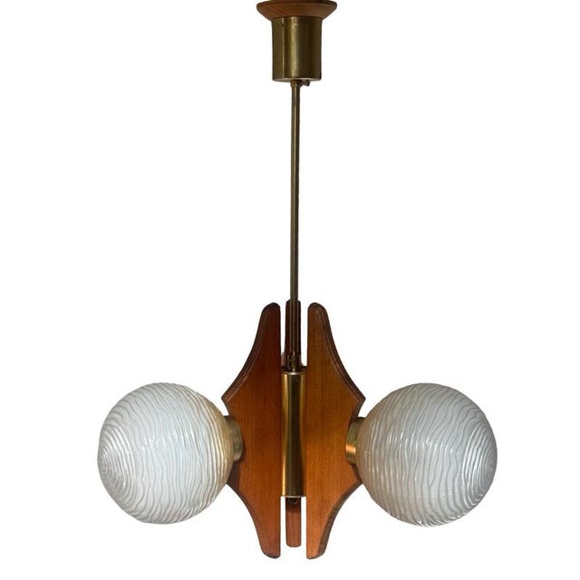 Space Age Model Sputnik Hanging Pendant with Wooden Base, Brass Details and Glass Domes, 1960s For Sale - Image 4 of 9