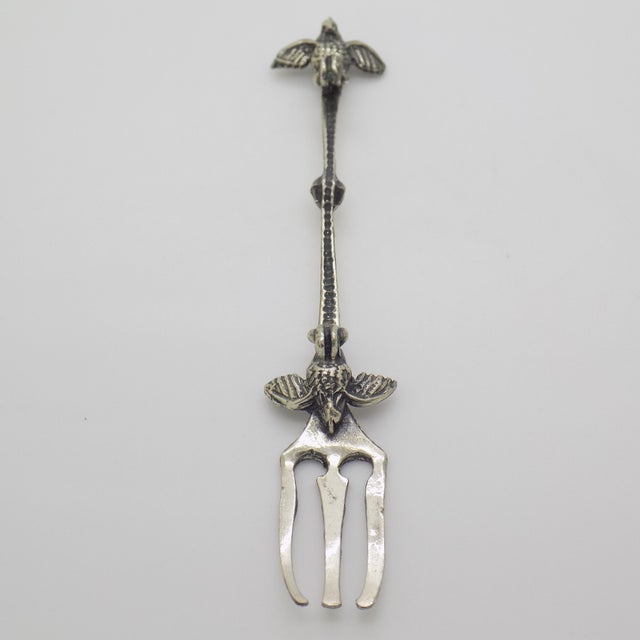 1970s Vintage Italian Handmade Genuine Silver 800 Decorative Cocktail Fork With Bird For Sale - Image 5 of 9