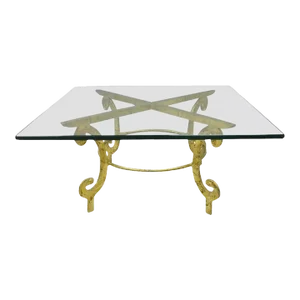 Vintage Italian Hollywood Regency Scrolling Gold Metal and Glass Coffee Table