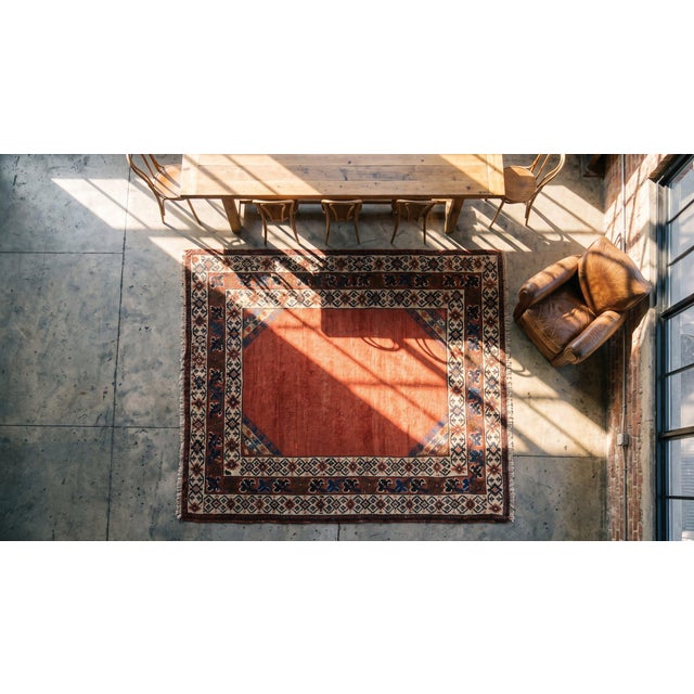 1900 - 1909 1900s Orange Medallion Antique Caucasian Rug 3'5" X 4'0" Handknotted Wool Carpet For Sale - Image 5 of 7