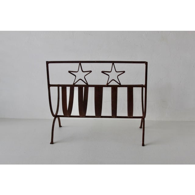 Rustic Western Style Wrought Iron Fireplace Log Holder Open Stars Cutouts Detail Vintage For Sale - Image 11 of 13