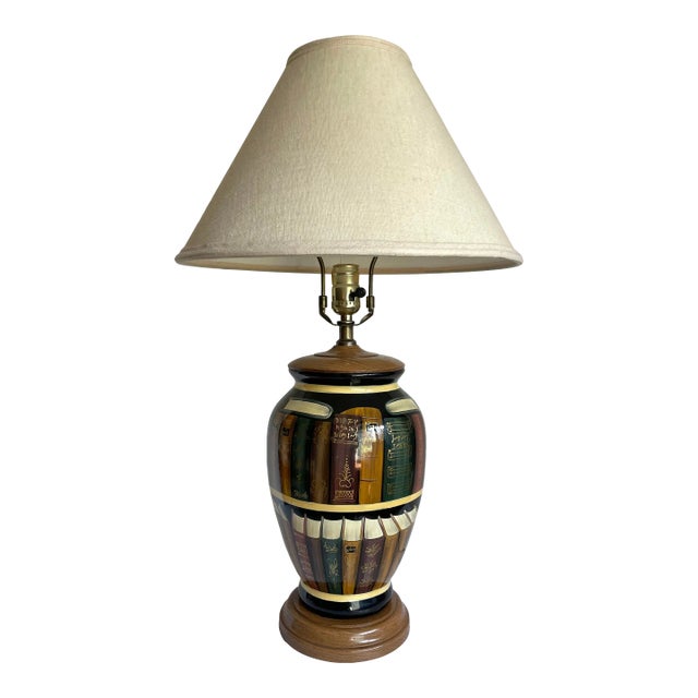 1960's Ceramic Table Lamp With Trompe l'Oeil Library Books Painting For Sale