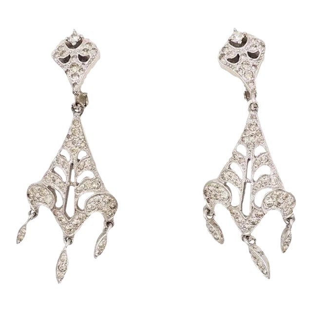 Vintage 1960s Signed Polcini Rhodium Plated Rhinestone Chandelier Clip Earrings - 2 Pieces For Sale