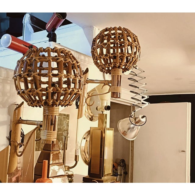 Bamboo and Rattan Lantern Wall Lamps attributed to Louis Sognot, France, 1960s, Set of 2 For Sale - Image 4 of 8