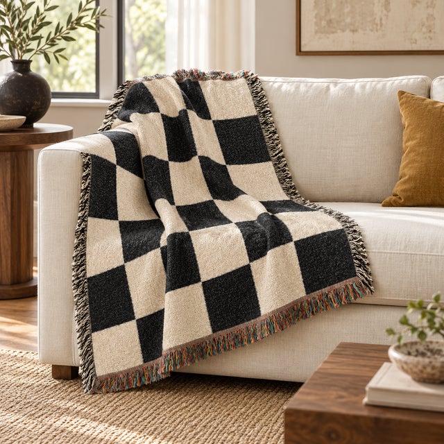 Mid-Century Modern Black and Cream Checkerboard Woven Throw Blanket – 60 × 50 For Sale - Image 3 of 6