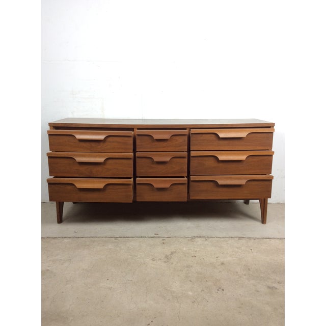 Mid Century Modern Lowboy Dresser With 9 Drawers & Mounted Mirror by Johnson Carper For Sale - Image 13 of 16