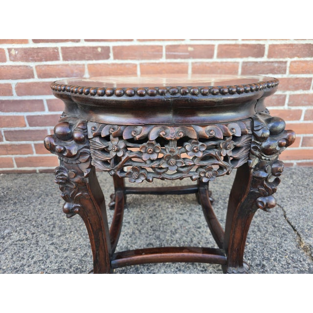 Fine Pair of Chinese 19th or Early 20th C. Carved Hardwood Low Tables With Marble Tops For Sale In New York - Image 6 of 8