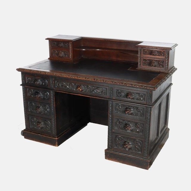 Traditional Antique Rj Horner Carved Oak Kneehole Desk With Figural Carved Pulls C1910 For Sale - Image 3 of 16