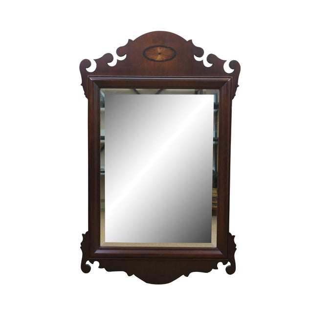 English Vintage Federal Chippendale Mahogany Inlaid Beveled Glass Mirror 37" For Sale - Image 3 of 12