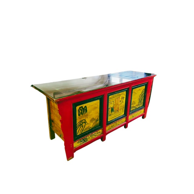 Late 19th Century Late 19th Century Hand Painted Converted Desk Red Gansu Sideboard Cabinet Grain Bin For Sale - Image 5 of 12