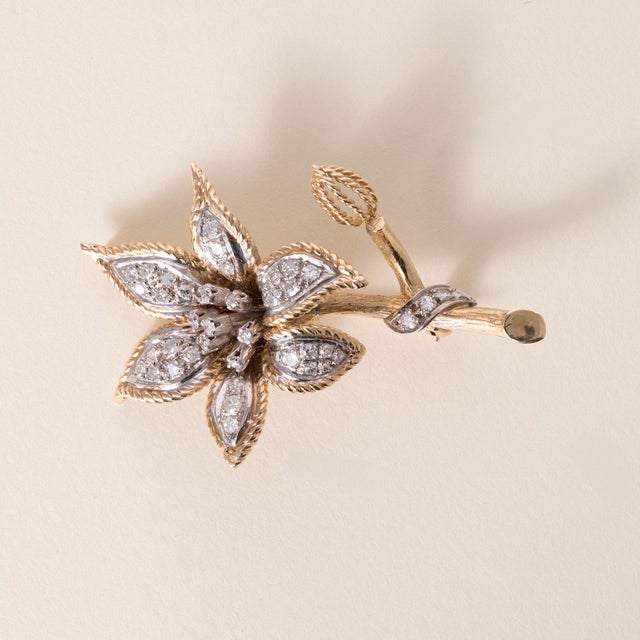 Modern Vintage 14k Gold Diamond Floral Brooch Two Tone For Sale - Image 3 of 5