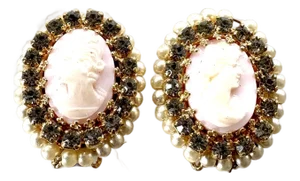 Hobé Cameo, Rhinestone, Pearl Clip on Earrings