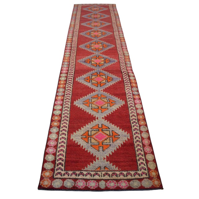 Ruby Red 1970s Vintage Hand Knotted Runner Rug - 2′10″ × 13′5″ For Sale - Image 8 of 12