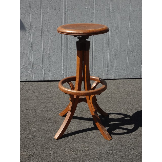 Industrial Antique Industrial Adjustable Swivel Oak Drafting Stool Barstool 1of3 ~ # 1 For Sale - Image 3 of 16