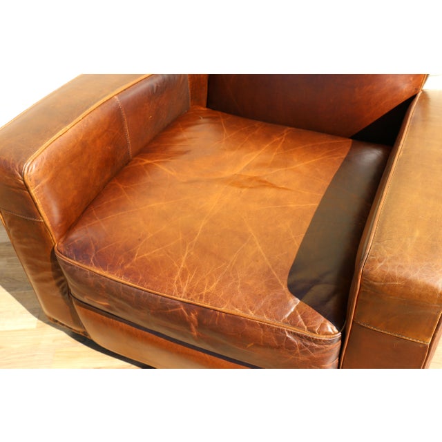 Wood Vintage Pair Art Deco Revival Distressed Brown Leather Club Chairs & Ottomans, 1980s For Sale - Image 7 of 18