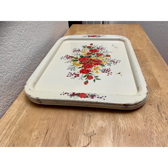 Metal Set of Four Cottage Chic Large Floral Trays For Sale - Image 7 of 11