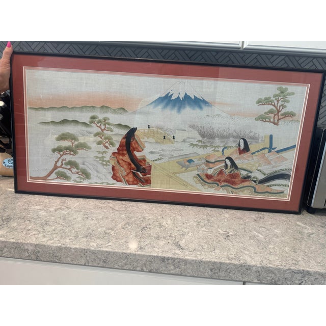 Asian classy painting on silk depicting a scene of Mount Fuji. A well framed tenugui, a Japanese silk scarf featuring an...