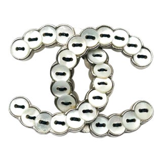 Chanel Silver CC Mother of Pearl Button Brooch For Sale