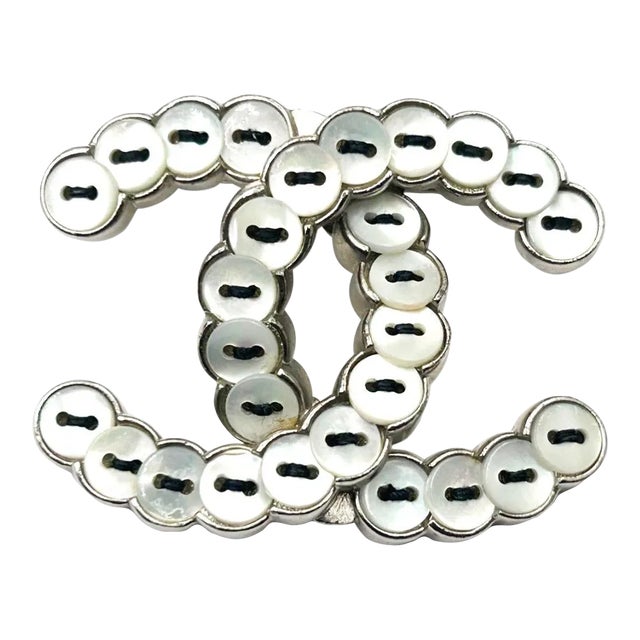 Chanel Silver CC Mother of Pearl Button Brooch For Sale