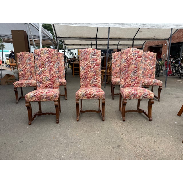 Late 20th Century Set of 8 French Louis Xiv Style Carved Oak Upholstered Dining Chairs For Sale - Image 4 of 17