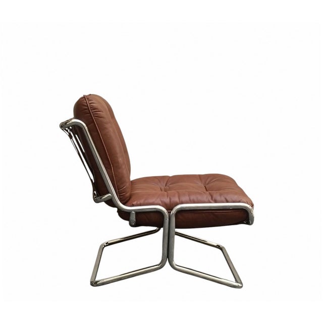 Mid-Century Modern Brown Leather Lounge Armchair with Chrome-Plated Steel Tubular Frame, Italy, 1970s For Sale - Image 3 of 8