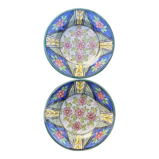 Mid 20th Century Mexican Talavera Plates in Pink and Blue, a Pair For Sale