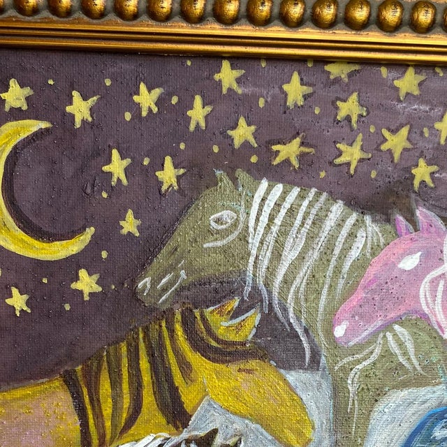 Whimsical Horse Painting Original | Folk Art Style Wall Art | Colorful Horses Under Moon | Framed Acrylic Painting 13x13 | Eclectic Decor For Sale - Image 4 of 6