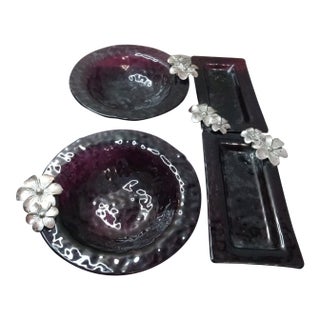 Gorgeous 4 Pc Amethyst Bubble Glass Bowls & Plates W/ Floral Accents For Sale