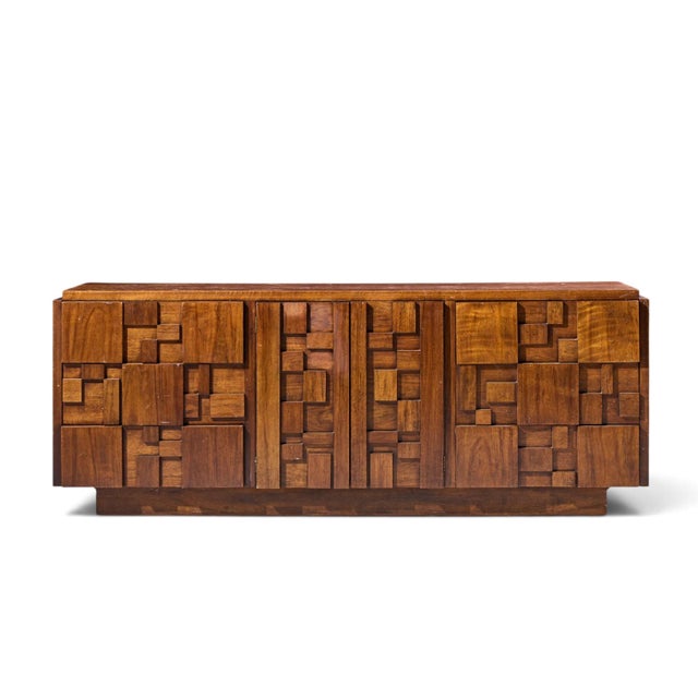 Lane Staccato Brutalist Mid Century Walnut Lowboy Dresser This lowboy measures: 78 wide x 19 deep x 30 inches high Fair...