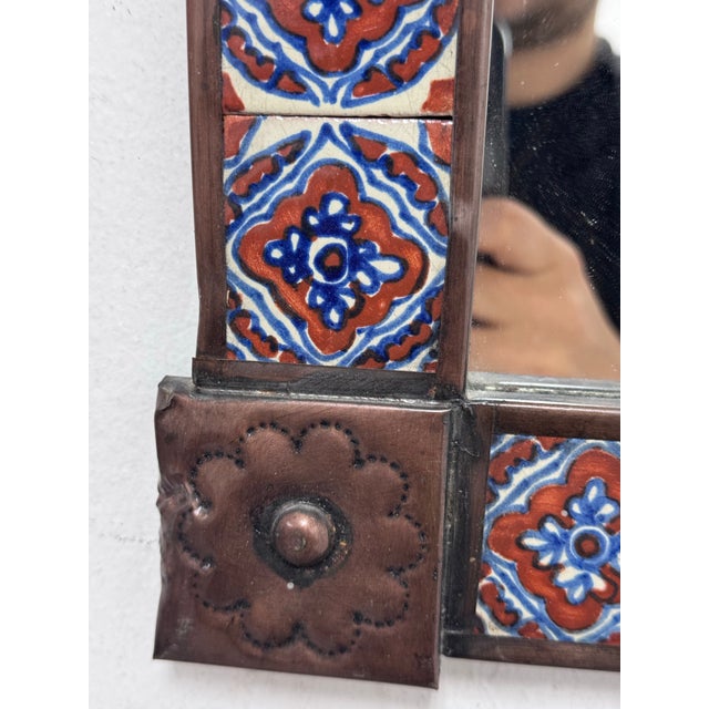 Copper Mexican Folk Art Handcrafted Embossed Tin + Hand Painted Tile Mirror For Sale - Image 8 of 12