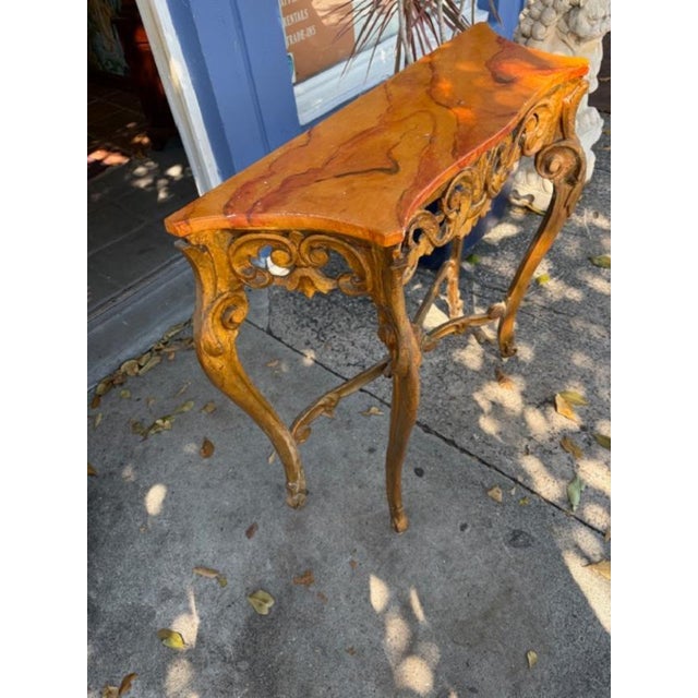 Small Antique Gilt Italian Faux Marble Top Console Table Serpentine Front For Sale - Image 4 of 5