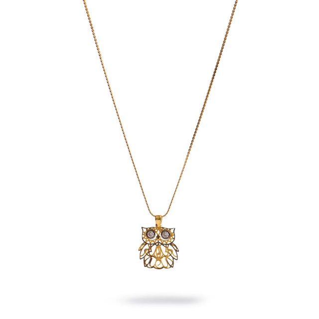 Early 21st Century Wisdom Owl Diamond Eyes Gold Necklace For Sale - Image 5 of 11