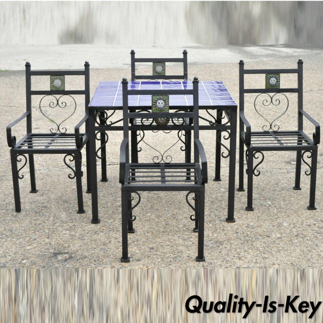 Vtg Mexican Talavera Blue Tile Sun Face Wrought Iron Dining Table Set 4  Chairs