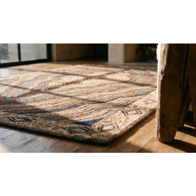 Brown 1930s Multicolor Earth Tones Abstract Medallion Antique American Hooked Rug 2'10" X 5'5" Knotted Wool Carpet For Sale - Image 8 of 9