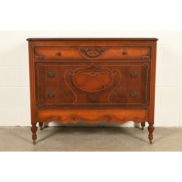Berkey & Gay Style Antique Art Deco Carved Walnut Three-Drawer Dresser or Chest of Drawers, Circa 1930s For Sale - Image 15 of 15